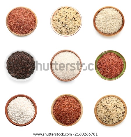 Bowls with different types of rice isolated on white, top view