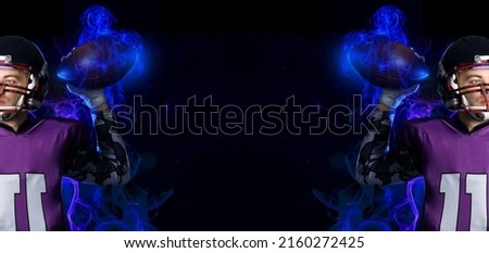 Banner with American football players and blue smoke on dark background with space for text