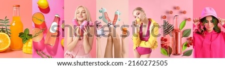 Collage of stylish young women and tasty soda drinks on pink background