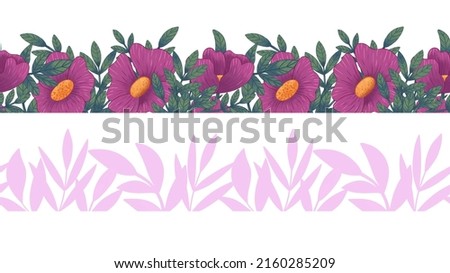 Seamless border with digital illustration. Rosehip flowers, prickly twigs, leaves and abstract branches. Set of banners for decoration, stationery and design.
