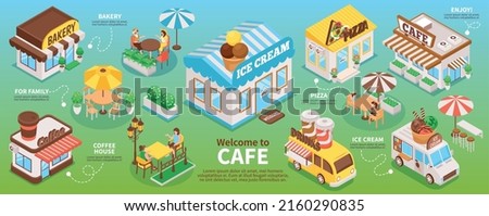 Isometric street cafe infographics with coffee house and ice cream truck vector illustration Royalty-Free Stock Photo #2160290835