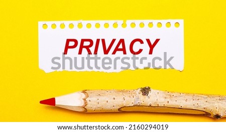 On a bright yellow background, a large wooden pencil and a sheet of torn paper with the text PRIVACY.