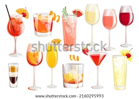 A set of summer alcoholic cocktails.Aperol Spritz, B-52, Negroni, Bahama Mama. glasses of wine, whiskey, Tom Collins, Paloma.martini with strawberries. Royalty-Free Stock Photo #2160295993