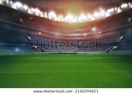 textured soccer game field - View of the soccer goal from midfield. 3D Illustration.