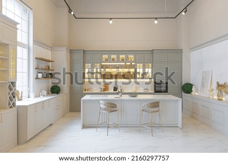 the latest fashion home trends in an ultra modern elegant interior of a cozy studio in soft pastel colors. close-ups of a stylish kitchen with an island for cooking Royalty-Free Stock Photo #2160297757