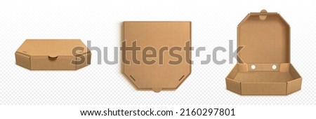 Brown craft cardboard pizza box 3d realistic vector. Open empty and closed carton package for delivery fast food, top side view isolated mockup illustration on white background