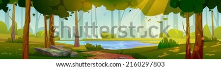 Summer forest landscape with lake on glade, trees and path. Vector cartoon illustration of nature panorama with pond, green grass and bushes on shore, stones and sunlight rays Royalty-Free Stock Photo #2160297803