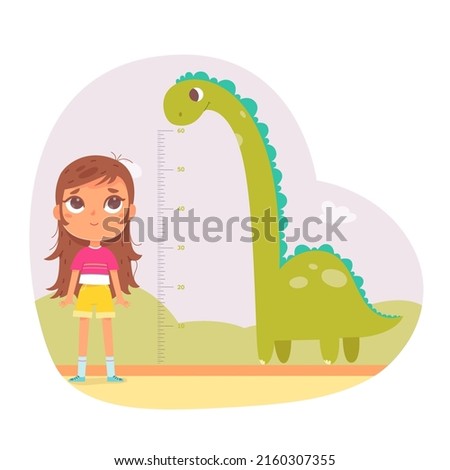 Kid height measure chart for kindergarten or home vector illustration. Cartoon girl wanting to grow to height of tall dinosaur, standing against dino and inch ruler for growth measurement.