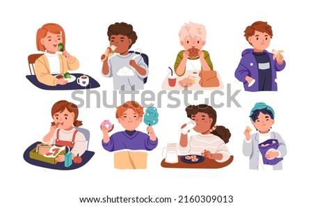 Kids eating healthy and unhealthy food, snacks. Children having meal, lunch. Boys and girls with lunchbox, dessert, sandwich. Childs nutrition. Flat vector illustration isolated on white background Royalty-Free Stock Photo #2160309013