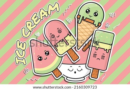 cute kawaii ice cream characters with many expression, background