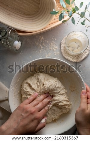 Making bread wheat with sourdough starter. Homemade breadmaking, female hand over white bowl cooking bread Royalty-Free Stock Photo #2160315367