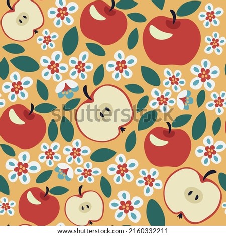 Red apples with flowers colorful pattern. Summer fruits apple tree seamless vector illustration with elements, flower, leaf, half, seeds. Cute endless print with trendy colors