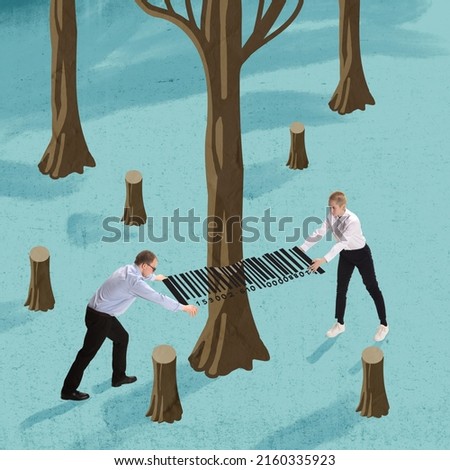 Contemporary art collage. Conceptual image of people cutting down trees with a barcode symbolizing deforestation issues. Paper production. Concept of ecology, nature, awareness, global problems