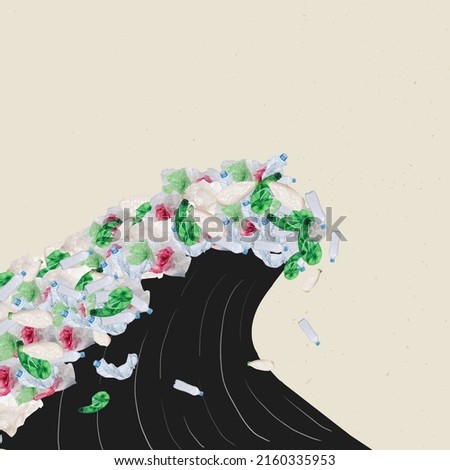 Contemporary artwork. Conceptual image of wave with lots of garbage, plastic bottles symbolizing water pollution. Non recycable materials kills marine life. Concept of ecology, nature, global problems