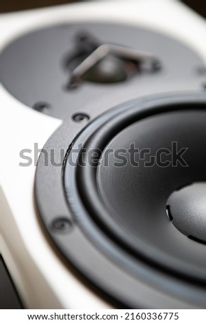 Hi fi speakers in close up. Professional studio monitors for sound recording studio 