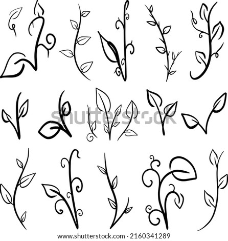 Set of vector silhouettes of sprouts, contours of leaves, fresh shoots. Elements for design, decorating postcards, etc.