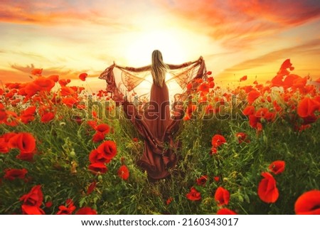 fantasy goddess woman queen in red silk dress. Happy girl princess praying hands raised to sky, bright magic light divine sun art dramatic sunset. Summer nature Field poppies flowers, Back rear view. Royalty-Free Stock Photo #2160343017