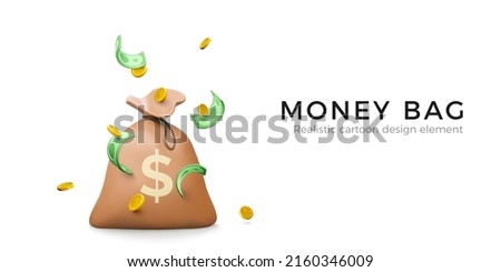 Money bag with falling gold coins and green banknotes in cartoon realistic style. 3d design money element for banner or poster. Vector illustration  Royalty-Free Stock Photo #2160346009