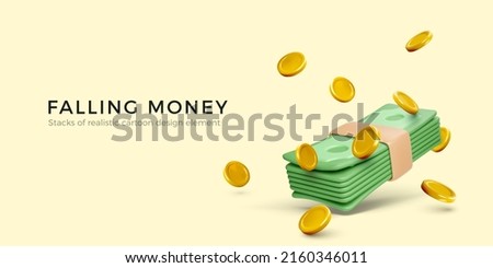 Falling money. 3d realistic cartoon gold coins and dollar banknote bundle. Big win or jackpot banner. Vector illustration Royalty-Free Stock Photo #2160346011