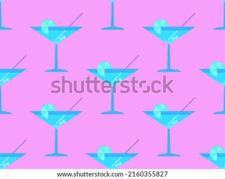 Cocktail with umbrellas 80s style seamless pattern. Alcoholic cocktails with umbrellas and orange slice. Design for bar menus, advertising materials and banners. Vector illustration