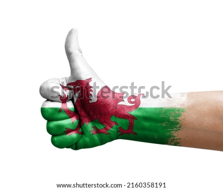 Hand making thumb up painted with flag of wales