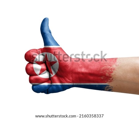Hand making thumb up painted with flag of north korea