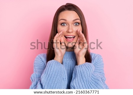 Photo of hooray millennial brown hairdo lady tell secret wear blue sweater isolated on pink color background