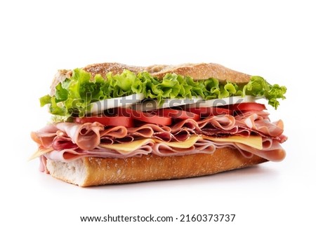 Submarine sandwich with ham, cheese, lettuce, tomatoes,onion, mortadella and sausage isolated on white background Royalty-Free Stock Photo #2160373737