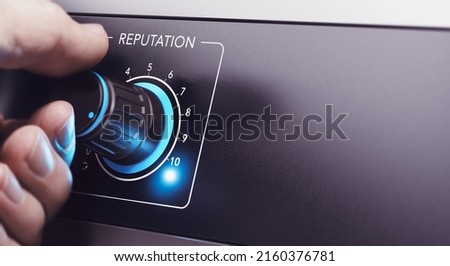 Hand turning a rotative button to improve how company is perceived by others. Brand Online Reputation Management - ORM. Composite image between a hand photography and a 3D background.