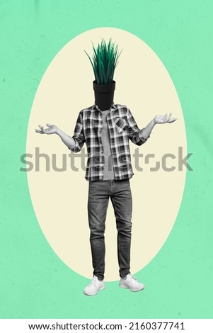Collage image of pinup pop retro sketch black white visual effect guy plant instead of head isolated beige green color background Royalty-Free Stock Photo #2160377741