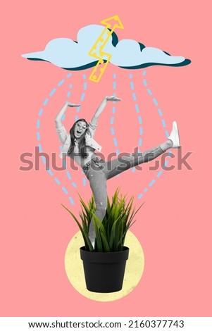 Creative collage illustration of crazy person stand growth plant under rain cloud isolated on drawing pink color background
