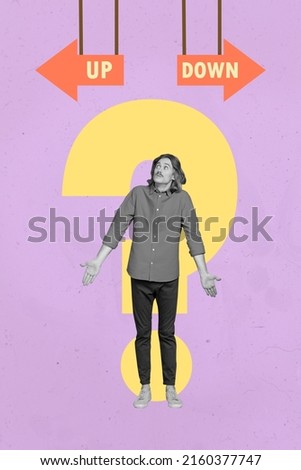 Vertical creative collage illustration of minded person black white colors look up down arrows make choice Royalty-Free Stock Photo #2160377747