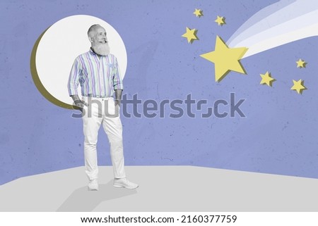 Creative collage picture of aged person standing space watching look falling stars make wish