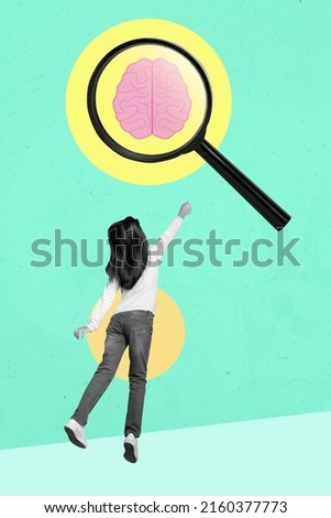 Vertical creative collage of flying pupil girl black white effect raise hand magnifier lens brain education concept