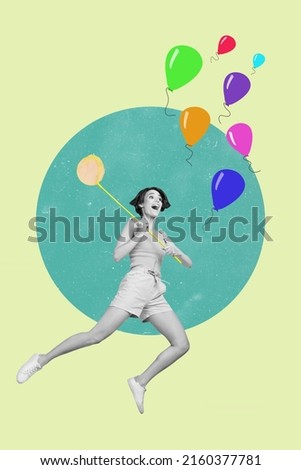 Vertical composite picture of overjoyed black white filter person flying hold fishnet catch balloons isolated on drawing background