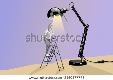 Collage portrait of woman climbing ladder huge table lamp light isolated on drawing creative background