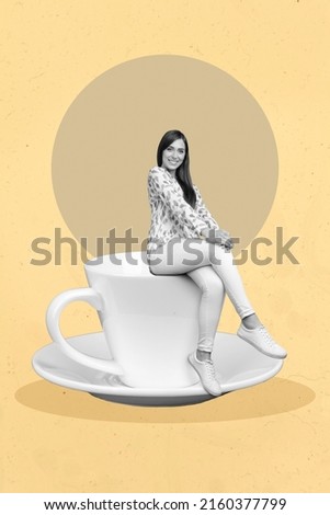 Vertical composite collage of woman black white effect sitting big coffee cup enjoy chill isolated on drawing background