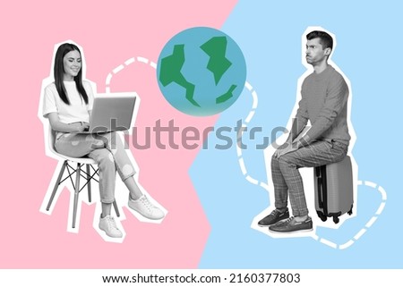 Creative 3d photo artwork graphics collage of guy waiting around earth flight international relationship isolated blue pink color background