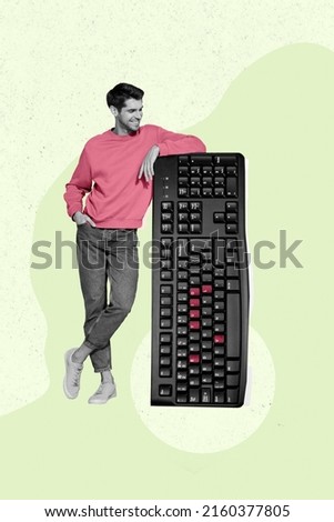 Vertical creative collage image of positive person lean look huge keyboard black white filter