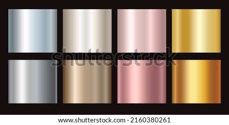 Gold rose, silver, bronze and golden foil texture gradation background set. Vector shiny and metalic gradient collection for border, frame, ribbon, label design Royalty-Free Stock Photo #2160380261