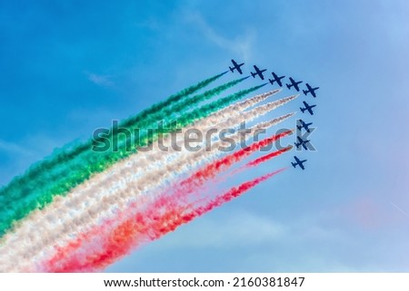 Frecce Tricolori airshow in Sardinia, Italy Royalty-Free Stock Photo #2160381847