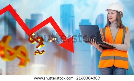 Falling dollar quotes. Red descending chart and falling dollar icons. Woman with a laptop. Business, prices, investments, analytics, stock exchange. Falling property prices. Background of skyscrapers