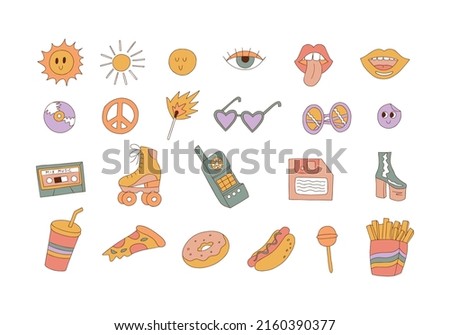 Retro stickers. Doodles psychedelic vintage clip art. Peace symbol. Pizza piece. Heart shaped sunglasses. Collection of hippy elements. Vector illustration.