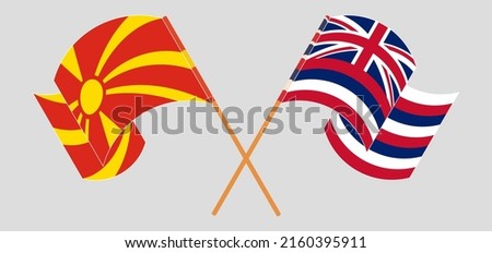 Crossed and waving flags of North Macedonia and The State Of Hawaii. Vector illustration
