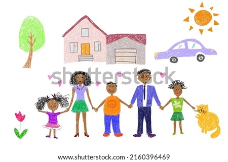 Children's drawing. African american big happy family. House, cat, car and tree.