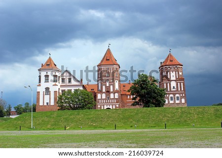 Mir Castle on the background of a stormy sky in Belarus