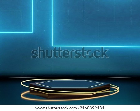 Futuristic podium and background concept. Hexoganal stage platform with yellow rings and background with blue LED light for product display advertising 3D render