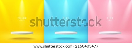 Set of yellow, blue and pink realistic 3d cylinder pedestal podium floating on air with spot lights. Abstract vector rendering geometric forms. Minimal scene. Stage showcase, Mockup product display. Royalty-Free Stock Photo #2160403477