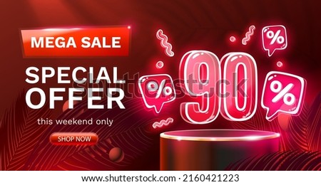 Mega sale special offer, Neon 90 off sale banner. Sign board promotion. Vector illustration Royalty-Free Stock Photo #2160421223