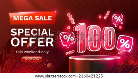 Mega sale special offer, Neon 100 off sale banner. Sign board promotion. Vector illustration Royalty-Free Stock Photo #2160421225